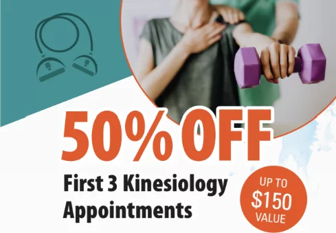 Coupon and Promotion for 50% off your first three kinesiology or active rehab visits.