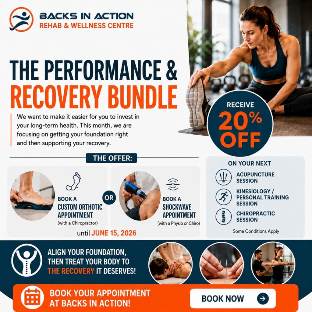 The Performance and Recovery Bundle: Build a Stronger Foundation for an Active Summer Backs in Action Rehab & Wellness Centre promotion featuring “The Performance & Recovery Bundle” with 20% off select follow-up wellness services. The graphic highlights custom orthotic appointments, shockwave therapy appointments, chiropractic care, acupuncture, kinesiology, and active rehab with a fitness-themed visual and bold blue and orange branding.