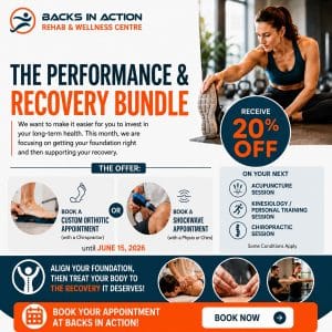 Backs in Action Rehab & Wellness Centre promotion featuring “The Performance & Recovery Bundle” with 20% off select follow-up wellness services. The graphic highlights custom orthotic appointments, shockwave therapy appointments, chiropractic care, acupuncture, kinesiology, and active rehab with a fitness-themed visual and bold blue and orange branding.