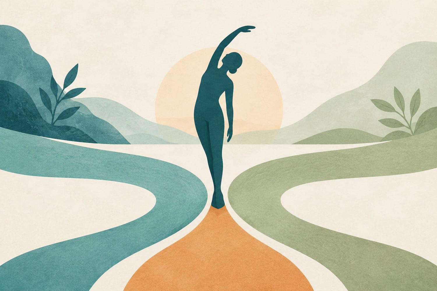 Editorial illustration of a person stretching where three paths meet