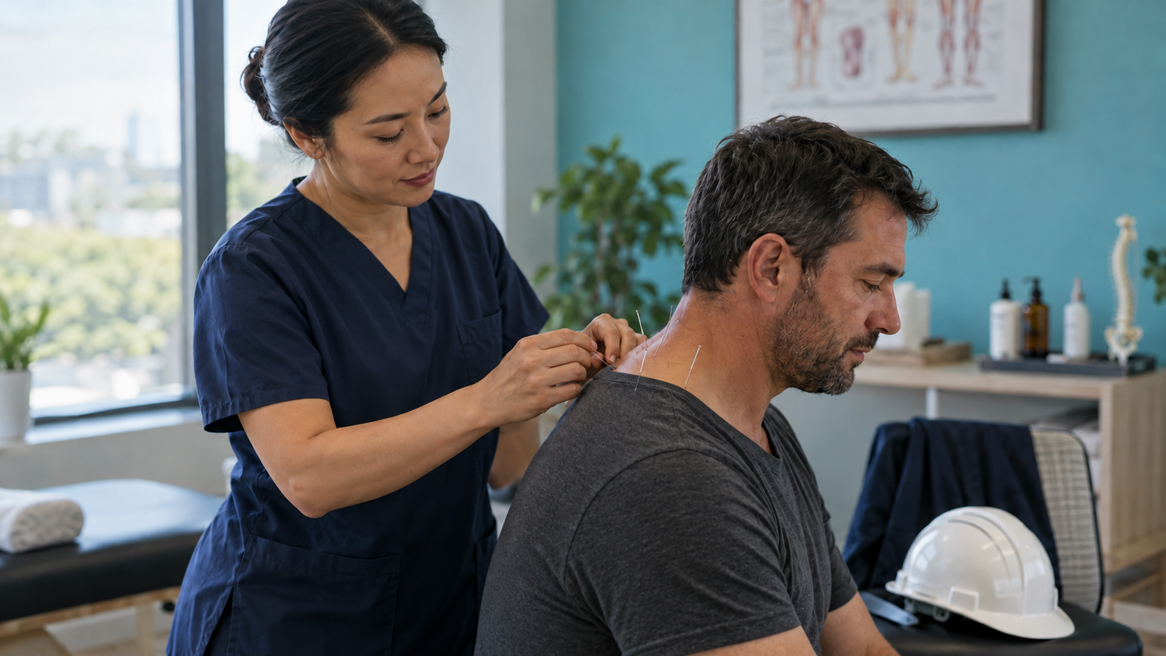 Acupuncturist placing fine needles on a patient’s neck and upper back in a clinic, a work hard hat resting on the chair beside him