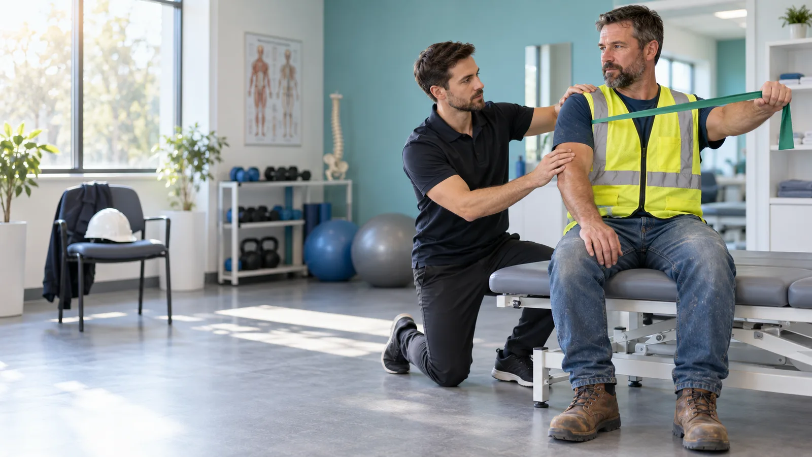 Physiotherapist guiding a worker through a shoulder exercise in a clinic