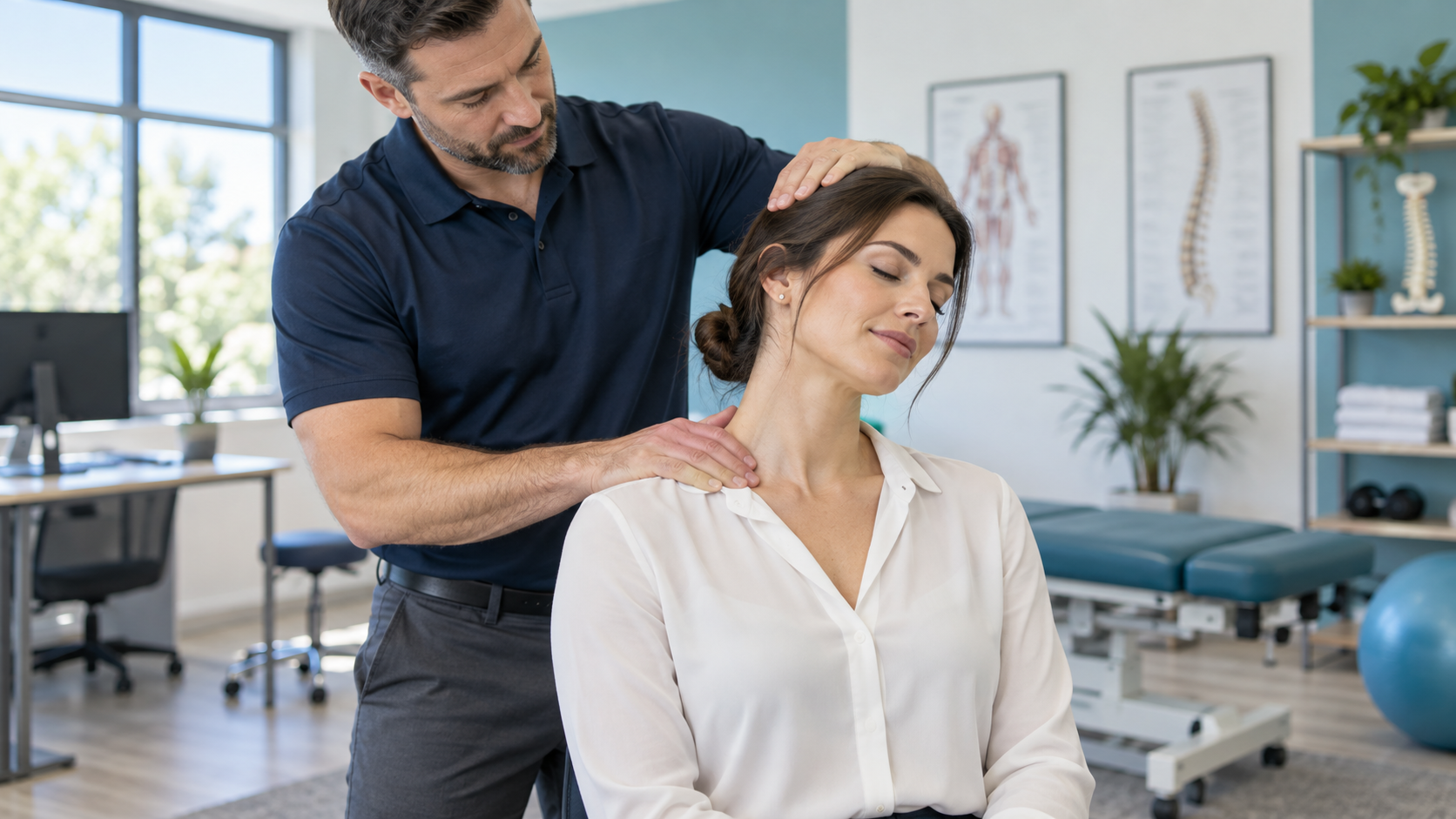 Chiropractor assessing an office worker’s neck in a bright clinic
